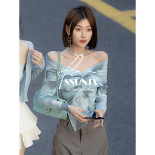 「SSUNIA」Áo Croptop Trễ Vai Tay Dài Cổ Chữ v Thiết Kế Độc Đáo Thời Trang Quyến Rũ Cho Nữ