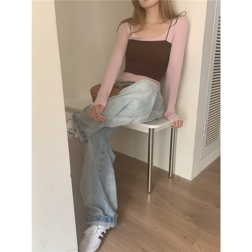 Women's two piece long sleeved T-shirt set with small suspender vest