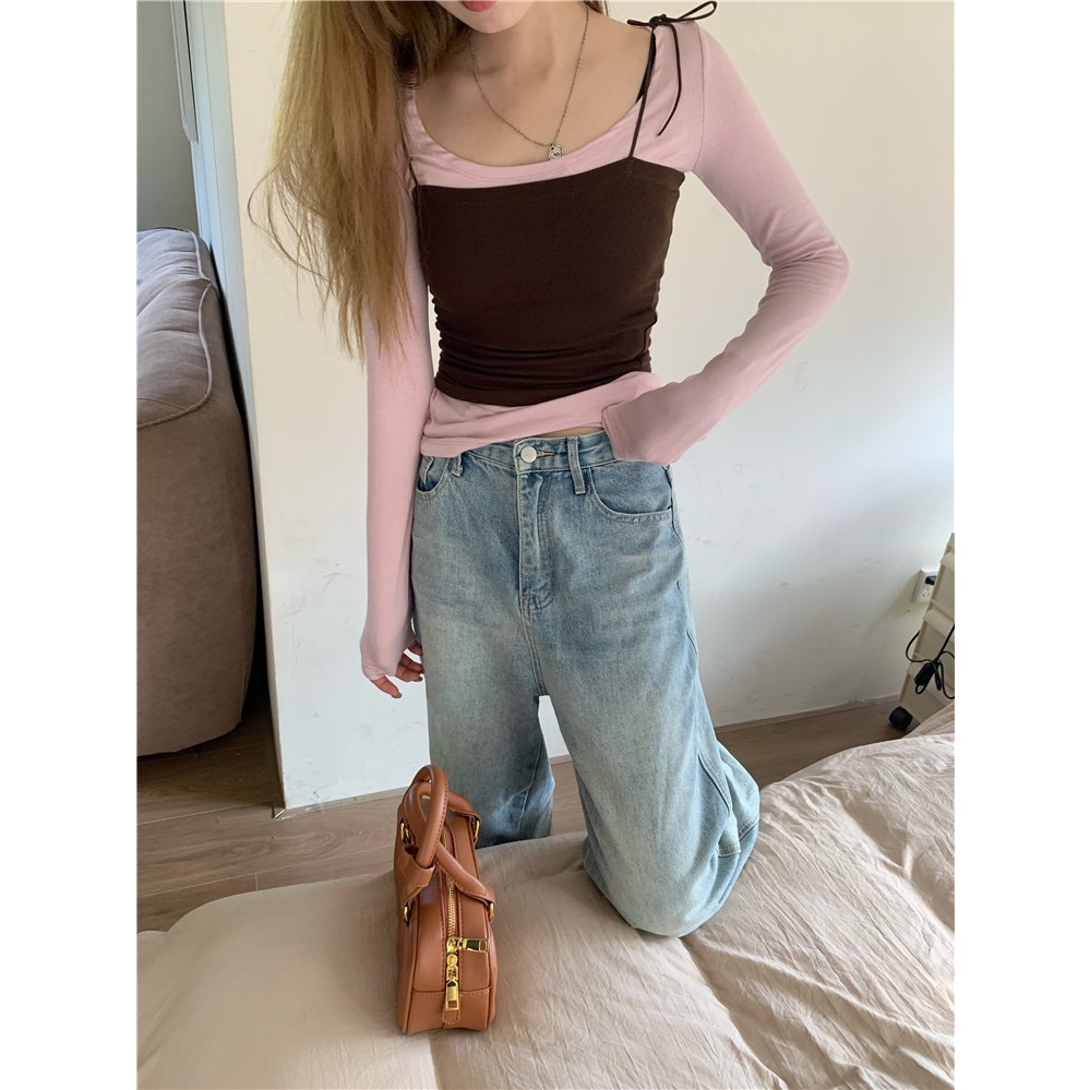 Women's two piece long sleeved T-shirt set with small suspender vest