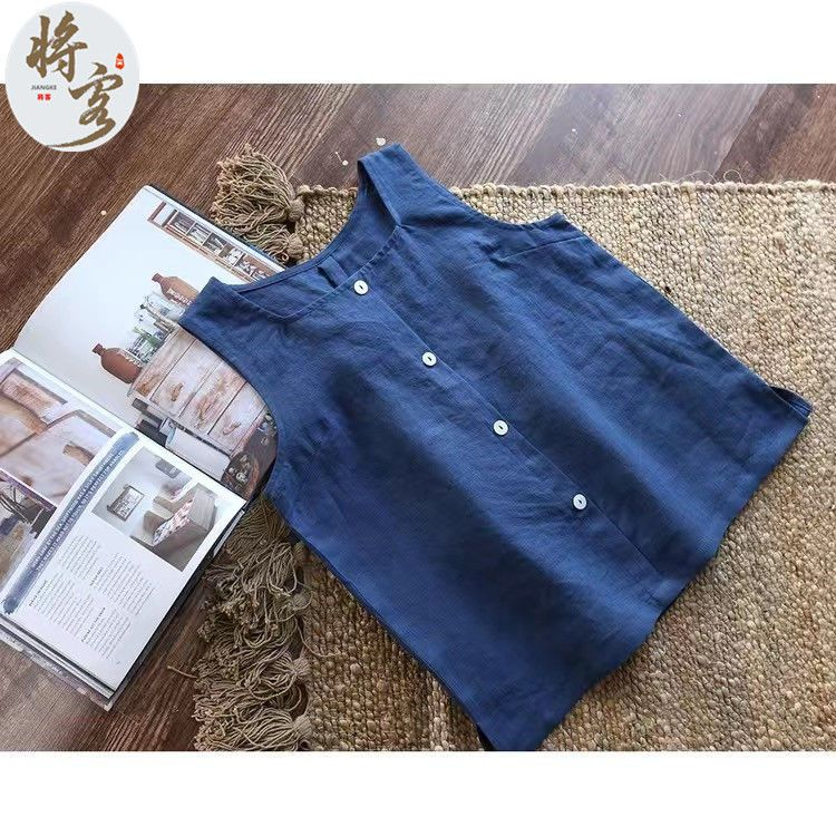 100% cotton và vải lanh, trang trí nút đơn giản mùa hè, áo vest, đa năng và thoải mái, eo rộng, t-shirt, áo chui đầu