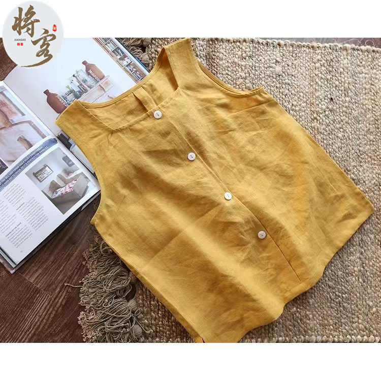 100% cotton và vải lanh, trang trí nút đơn giản mùa hè, áo vest, đa năng và thoải mái, eo rộng, t-shirt, áo chui đầu