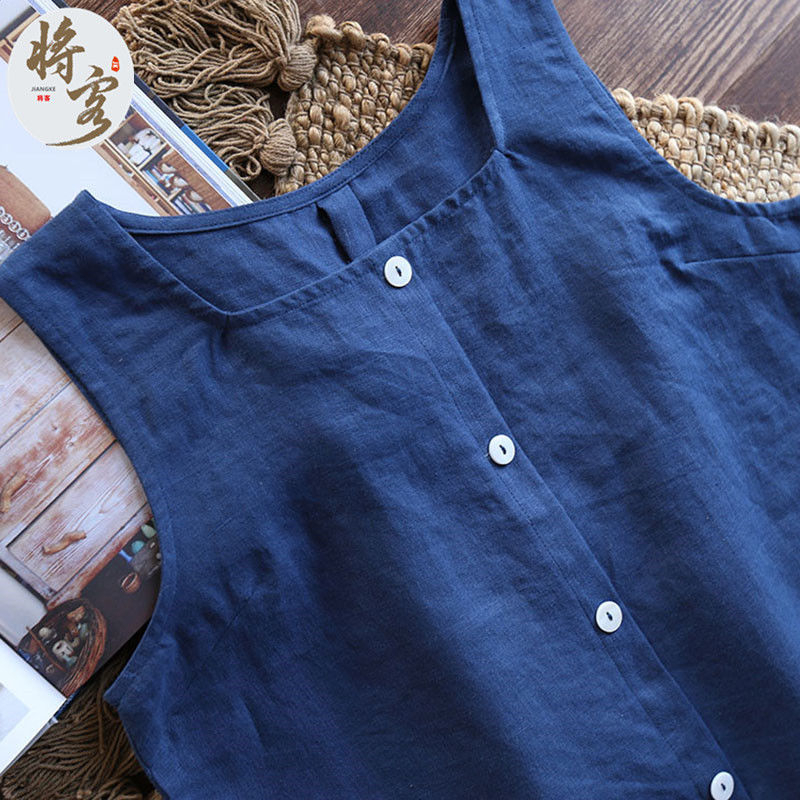 100% cotton và vải lanh, trang trí nút đơn giản mùa hè, áo vest, đa năng và thoải mái, eo rộng, t-shirt, áo chui đầu