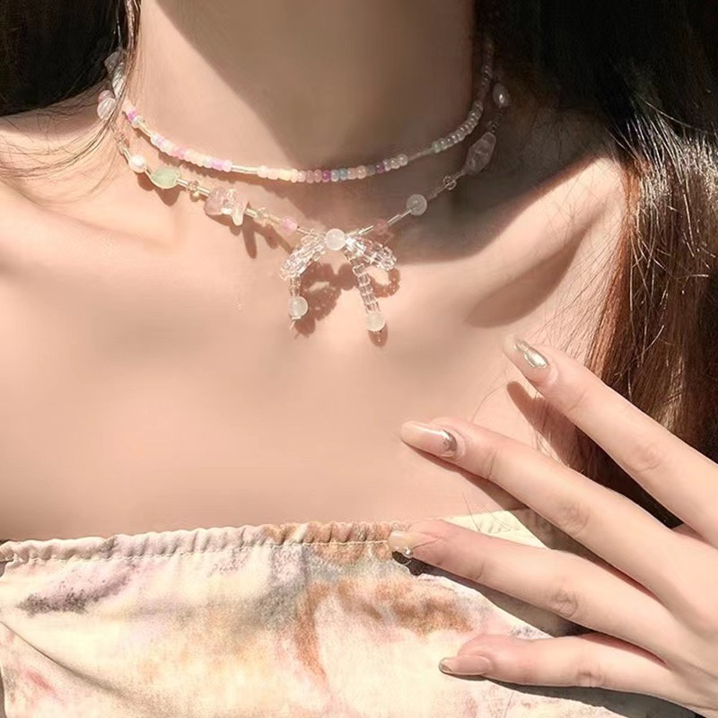 Thời trang hàn quốc ins pha lê đính cườm vòng cổ nữ ngôi sao nơ cườm chuỗi cổ áo
