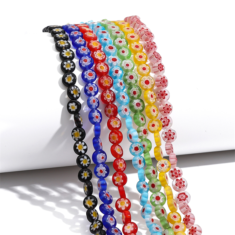 Hình tròn phẳng 6mm mẫu hoa millefiori đèn tráng men thủy tinh rời thủ công mỹ nghệ hạt để làm đồ trang sức tự làm vòng đeo tay