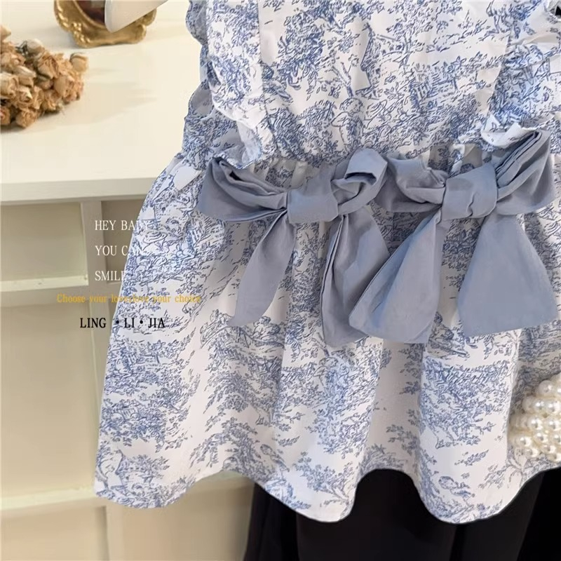 Đầm hoa công chúa sát nách đính nơ phong cách Hàn Quốc mùa hè cho bé gái 1-6 tuổi