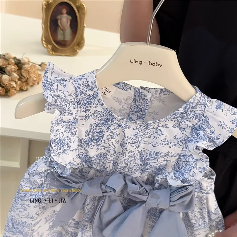 Đầm hoa công chúa sát nách đính nơ phong cách Hàn Quốc mùa hè cho bé gái 1-6 tuổi