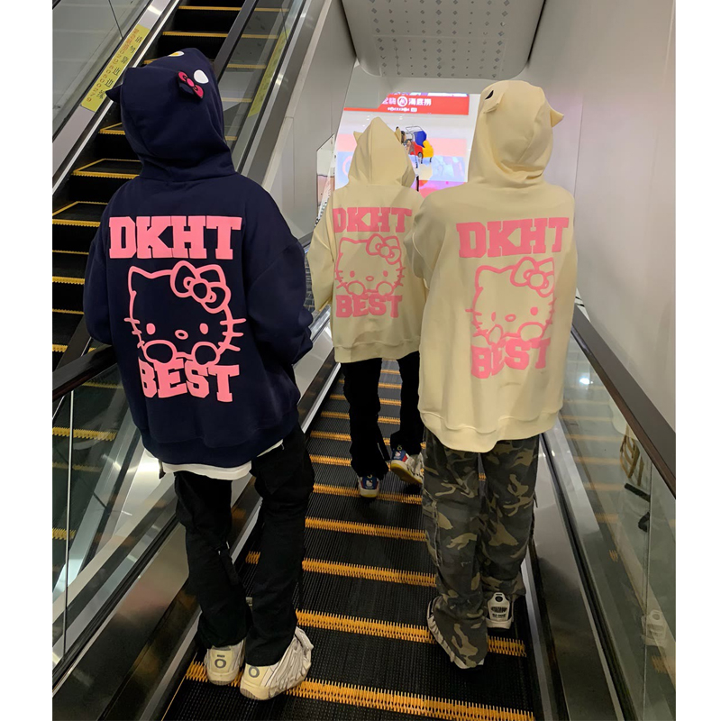 Áo khoác cardigan cotton nguyên chất có mũ trùm đầu dây kéo họa tiết Kitty Katty oversize cho cặp đôi