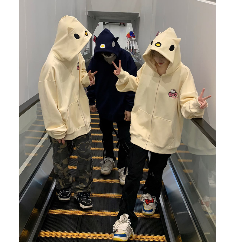 Áo khoác cardigan cotton nguyên chất có mũ trùm đầu dây kéo họa tiết Kitty Katty oversize cho cặp đôi