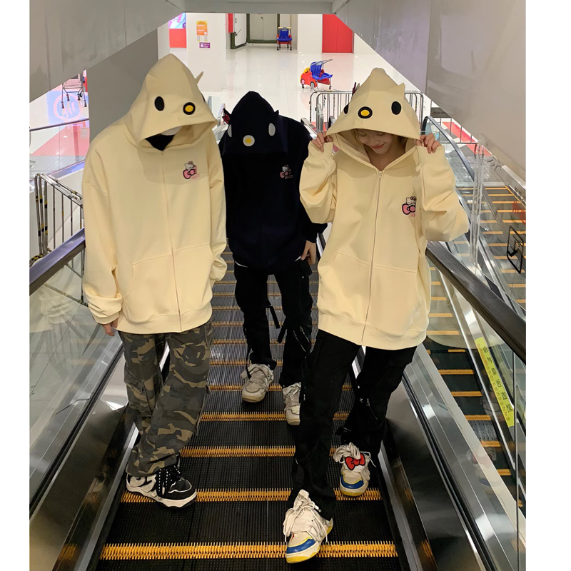 Áo khoác cardigan cotton nguyên chất có mũ trùm đầu dây kéo họa tiết Kitty Katty oversize cho cặp đôi