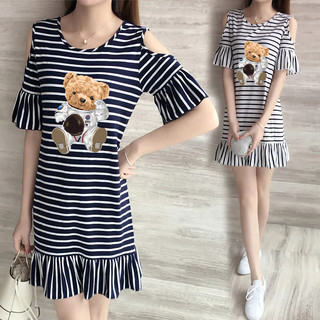 Little bear cartoon print stripe dress 2023 summer new girls fashion đa năng pure cotton rest korea ins east gate t-shirt skirt