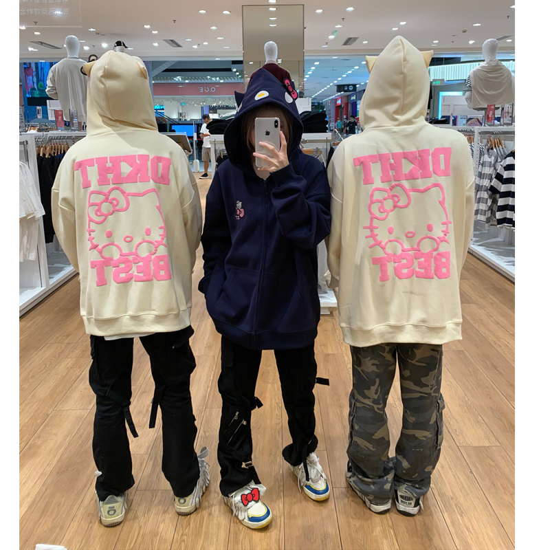 Áo khoác cardigan cotton nguyên chất có mũ trùm đầu dây kéo họa tiết Kitty Katty oversize cho cặp đôi