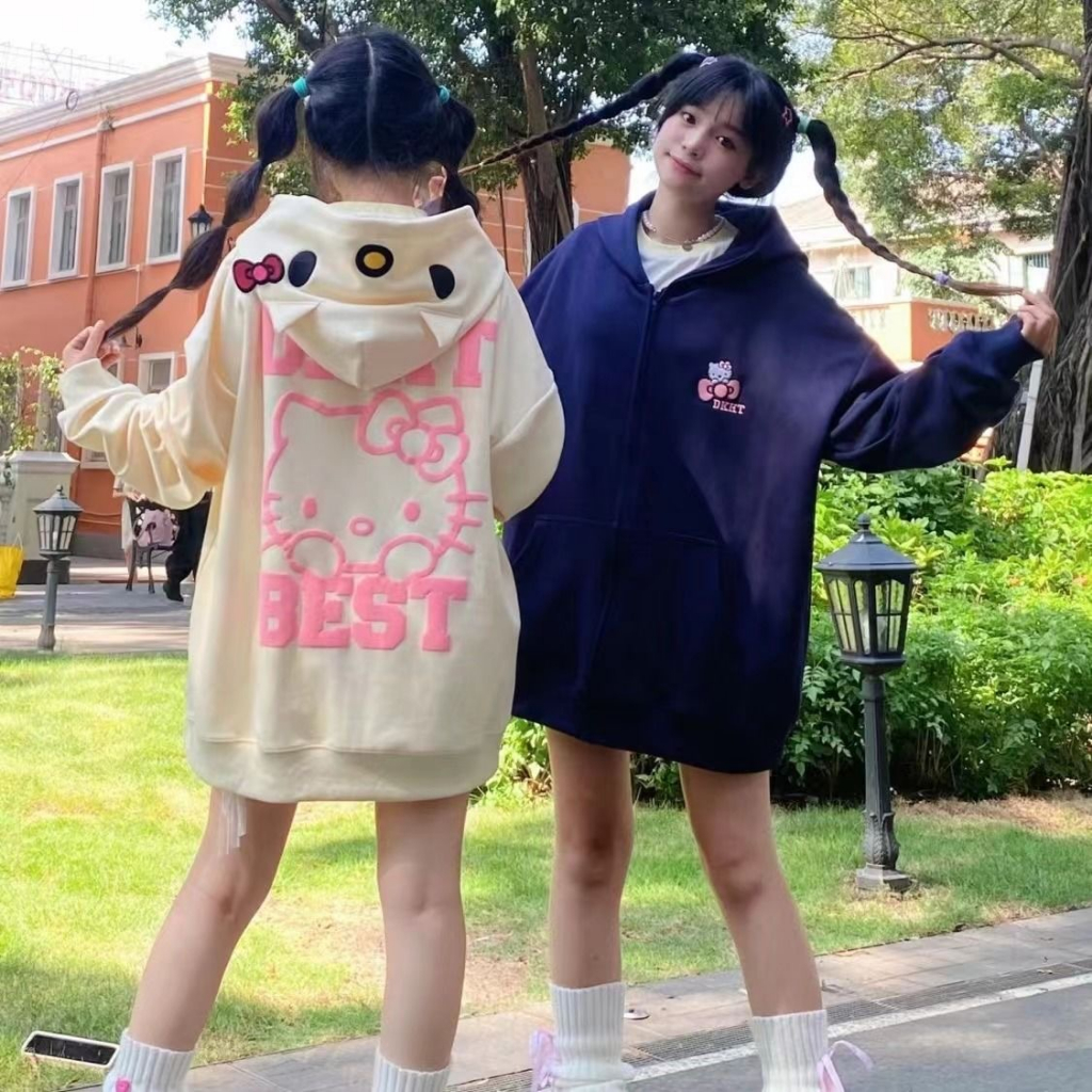 Áo khoác cardigan cotton nguyên chất có mũ trùm đầu dây kéo họa tiết Kitty Katty oversize cho cặp đôi