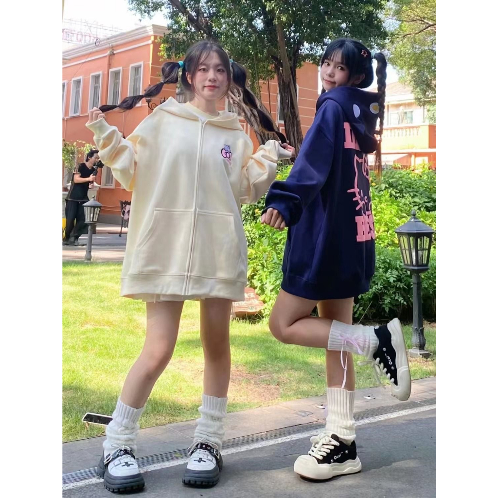 Áo khoác cardigan cotton nguyên chất có mũ trùm đầu dây kéo họa tiết Kitty Katty oversize cho cặp đôi