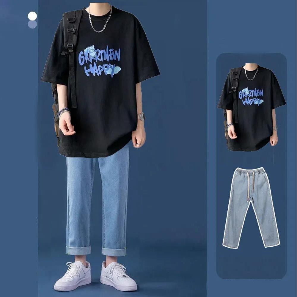 Set Áo Thun Ngắn Tay + Quần jeans Phong Cách Hàn Quốc Thời Trang Cho Nam Áo thun nam+Quần bò baggy nam Quần bò trơn Thích hợp cho cả nam và nữ
