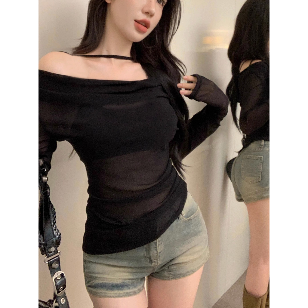 Honypove Áo Thun Tay Dài Trễ Vai Dáng Ôm Thời Trang Mùa Hè 2023 Cho Nữ