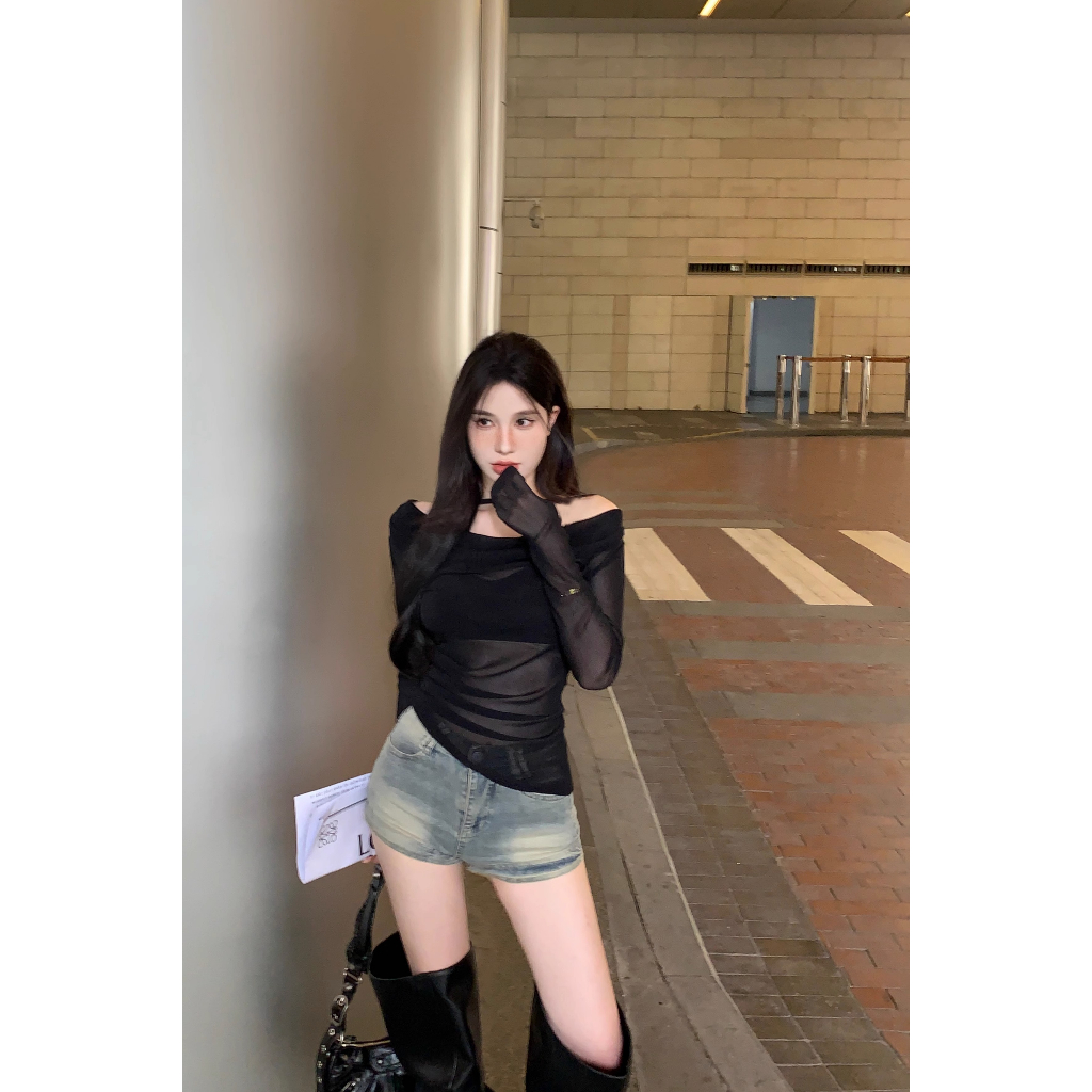 Honypove Áo Thun Tay Dài Trễ Vai Dáng Ôm Thời Trang Mùa Hè 2023 Cho Nữ