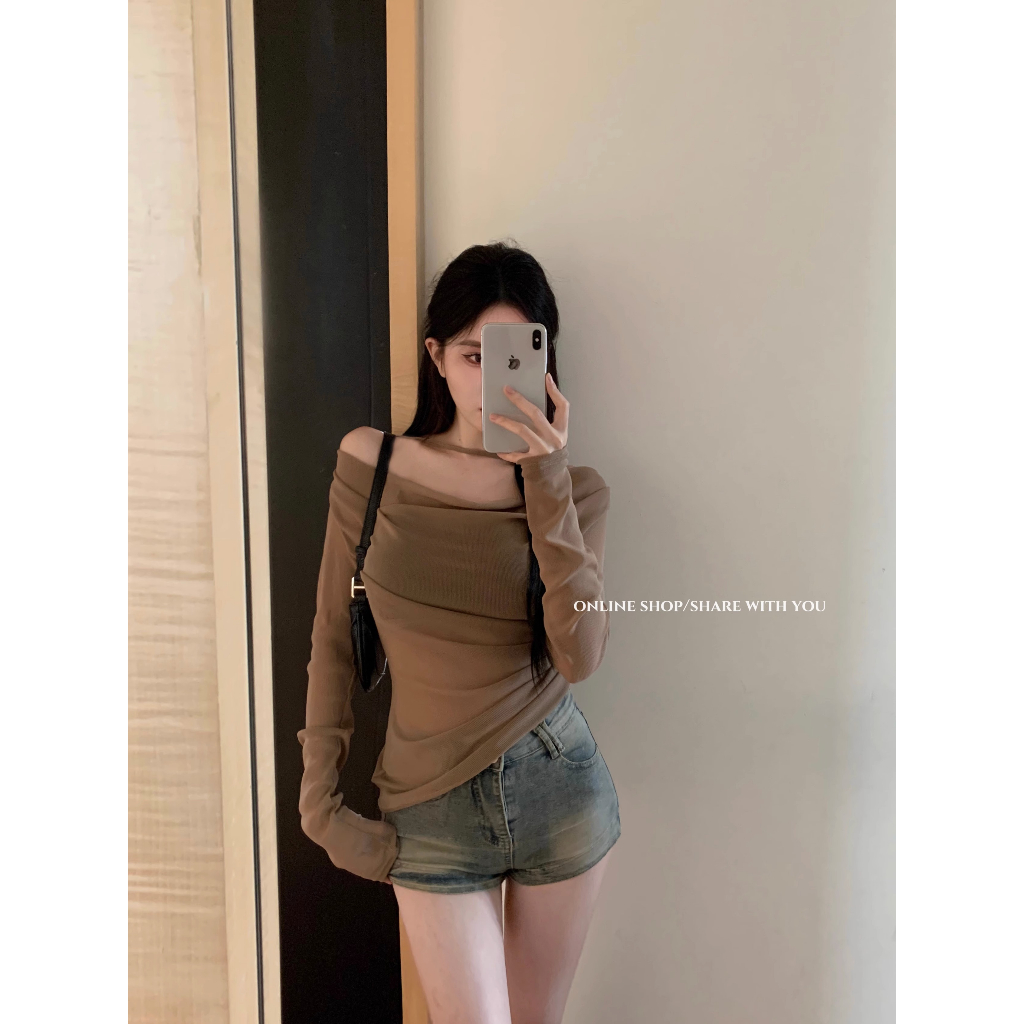 Honypove Áo Thun Tay Dài Trễ Vai Dáng Ôm Thời Trang Mùa Hè 2023 Cho Nữ