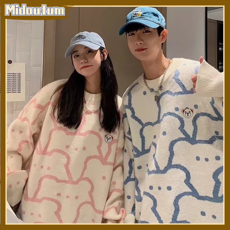 Áo Sweater Tay Dài Dáng Rộng In Họa Tiết Gấu Hoạt Hình Phong Cách Hàn Quốc Thời Trang Cho Cặp Đôi