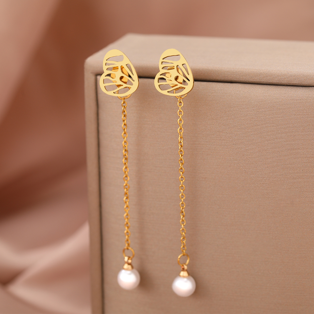 Bông tai bằng thép không gỉ trái tim rỗng màu trắng giả ngọc trai tua dài thời trang hàn quốc bông tai dangle cho phụ nữ quà tặng trang sức