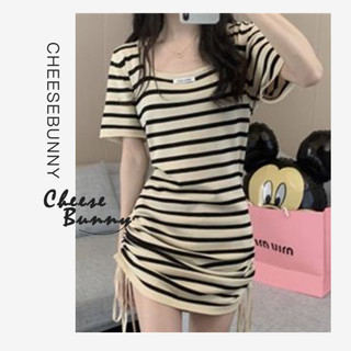 CheeseBunny Đầm Ôm Ngắn Tay Họa Tiết Kẻ Sọc Phong Cách Hàn Quốc Trẻ Trung Dành Cho Nữ