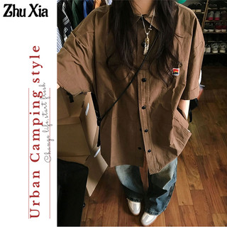  Áo sơ mi ZHUXIA tay lửng dáng rộng phong cách retro Nhật Bản vintage thời trang mùa hè cho nữ