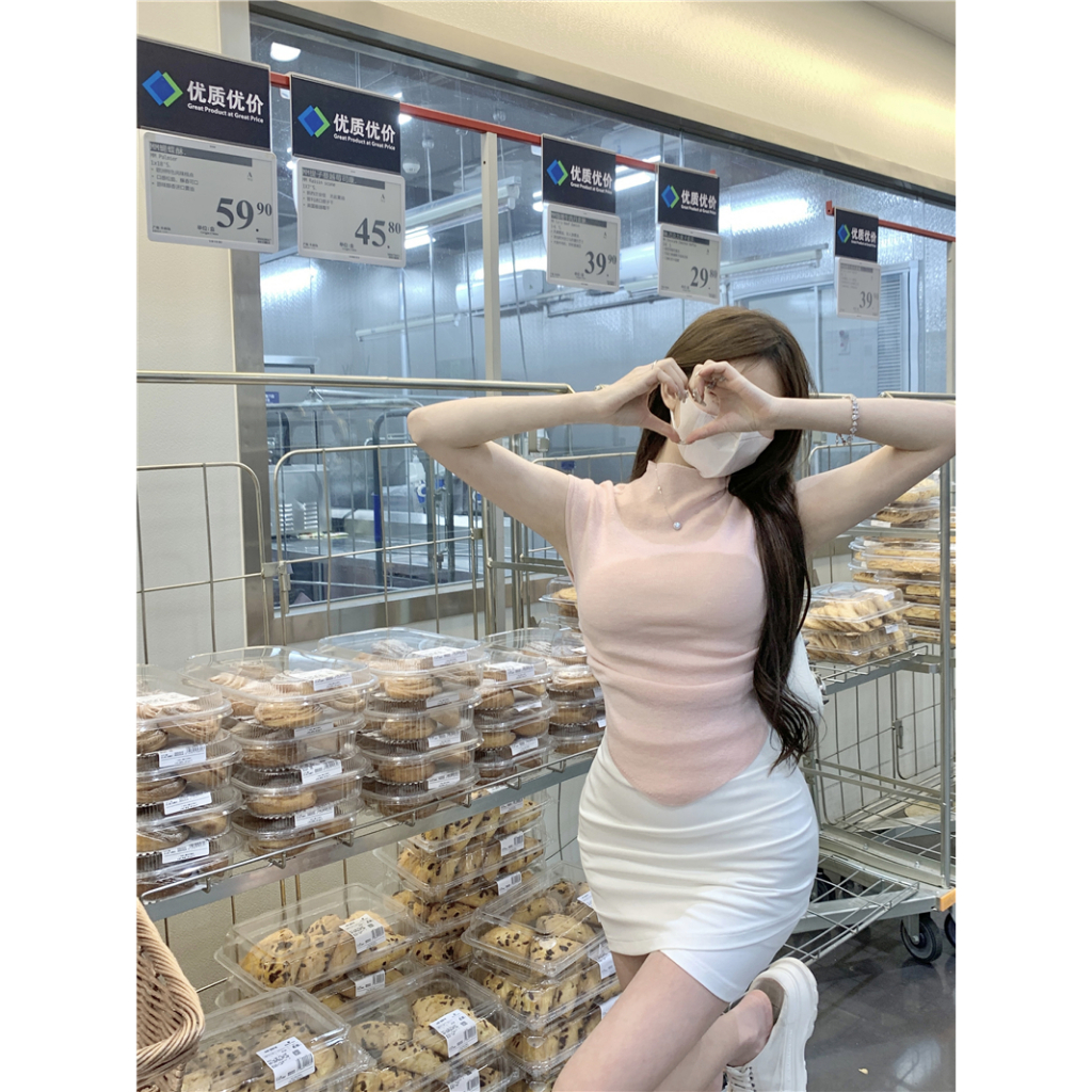 Áo thun ZHUXIA dệt kim mềm mại tay ngắn màu trơn thời trang mùa hè cho nữ