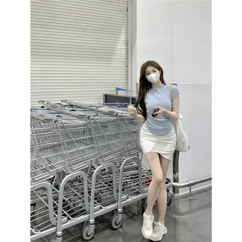 Áo thun ZHUXIA dệt kim mềm mại tay ngắn màu trơn thời trang mùa hè cho nữ