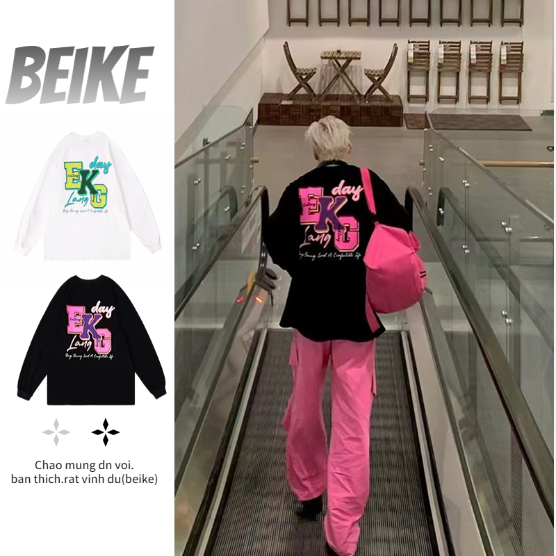 Tay áo ngắn  dài tay american street letter in long sleeve t-shirt nam và nữ retro hip hop cổ tròn cotton in chất lượng cao lỏng lẻo đa năng đáy áo dài tay