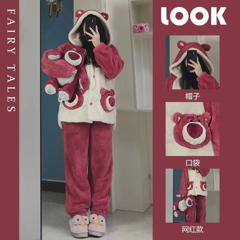 ❤️Hàng sẵn sàng❤️ Phong cách hàn quốc bộ đồ ngủ mùa thu và mùa đông phù hợp với nữ sinh ins coral fleece dễ thương cinnamoroll