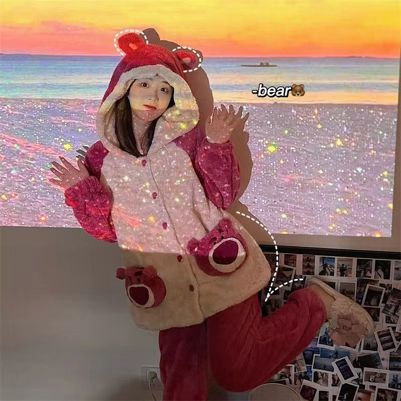 ❤️Hàng sẵn sàng❤️ Phong cách hàn quốc bộ đồ ngủ mùa thu và mùa đông phù hợp với nữ sinh ins coral fleece dễ thương cinnamoroll