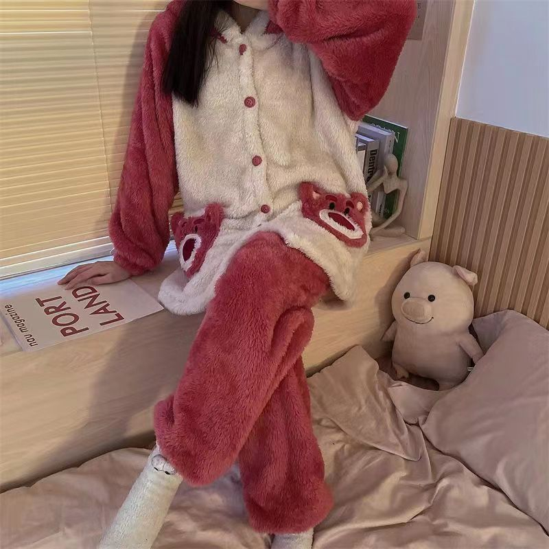 ❤️Hàng sẵn sàng❤️ Phong cách hàn quốc bộ đồ ngủ mùa thu và mùa đông phù hợp với nữ sinh ins coral fleece dễ thương cinnamoroll