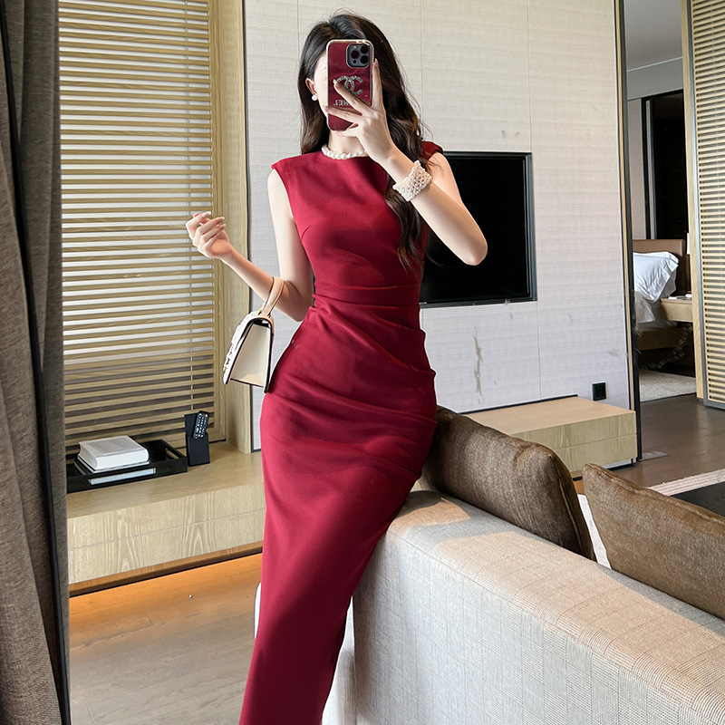 ZYHT Đầm Body Hàn Quốc Không tay áo Mảnh mai váy ngang hông Váy chữ A váy đen 30174