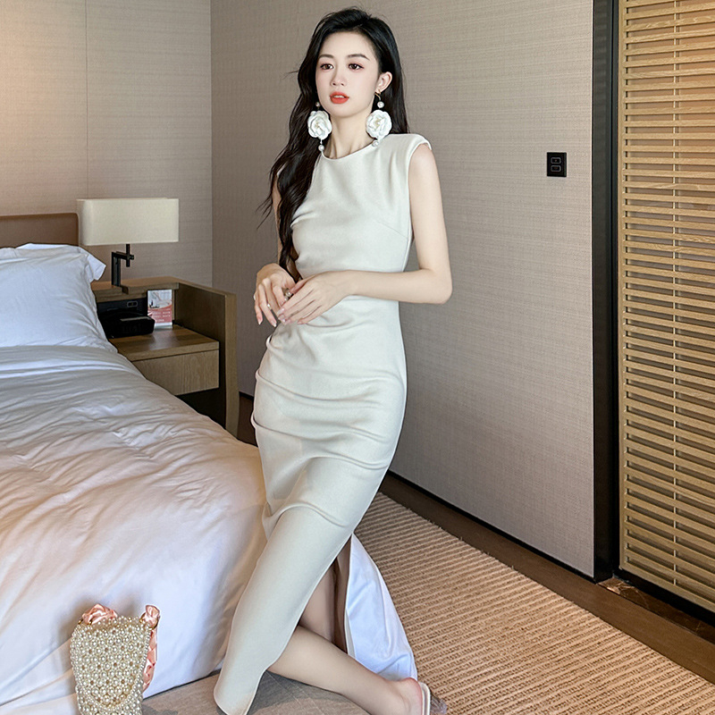 ZYHT Đầm Body Hàn Quốc Không tay áo Mảnh mai váy ngang hông Váy chữ A váy đen 30174