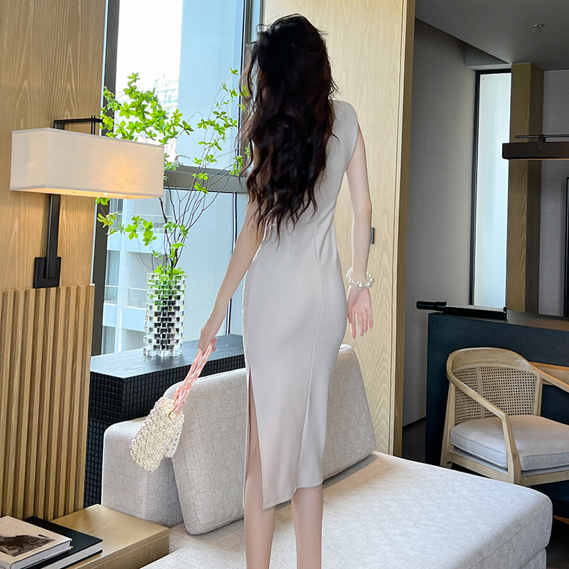 ZYHT Đầm Body Hàn Quốc Không tay áo Mảnh mai váy ngang hông Váy chữ A váy đen 30174