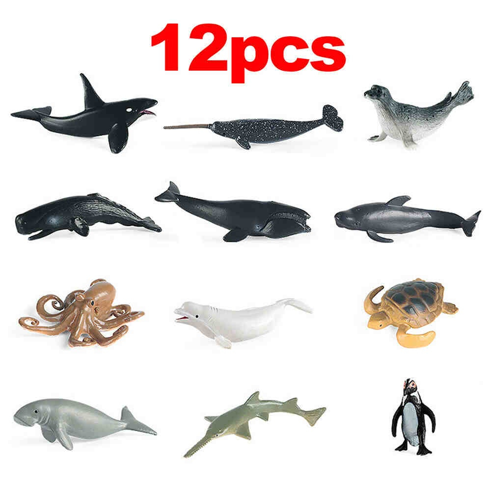 Gamma Baby-12PCS Mini Sea Animal Figures Toy, Plastic Small Ocean Animal Figurine Set with Sharks Whales Arctic Animal etc, Realistic Marine Miniature Playset for School Project,Cake Topper,Collection Gift