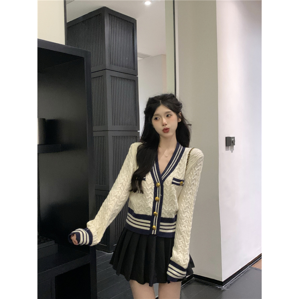 Áo croptop cardigan nữ XIAOZHAINV dệt kim cổ chữ V màu sắc tương phản khí chất dễ phối đồ phong cách Hàn Quốc