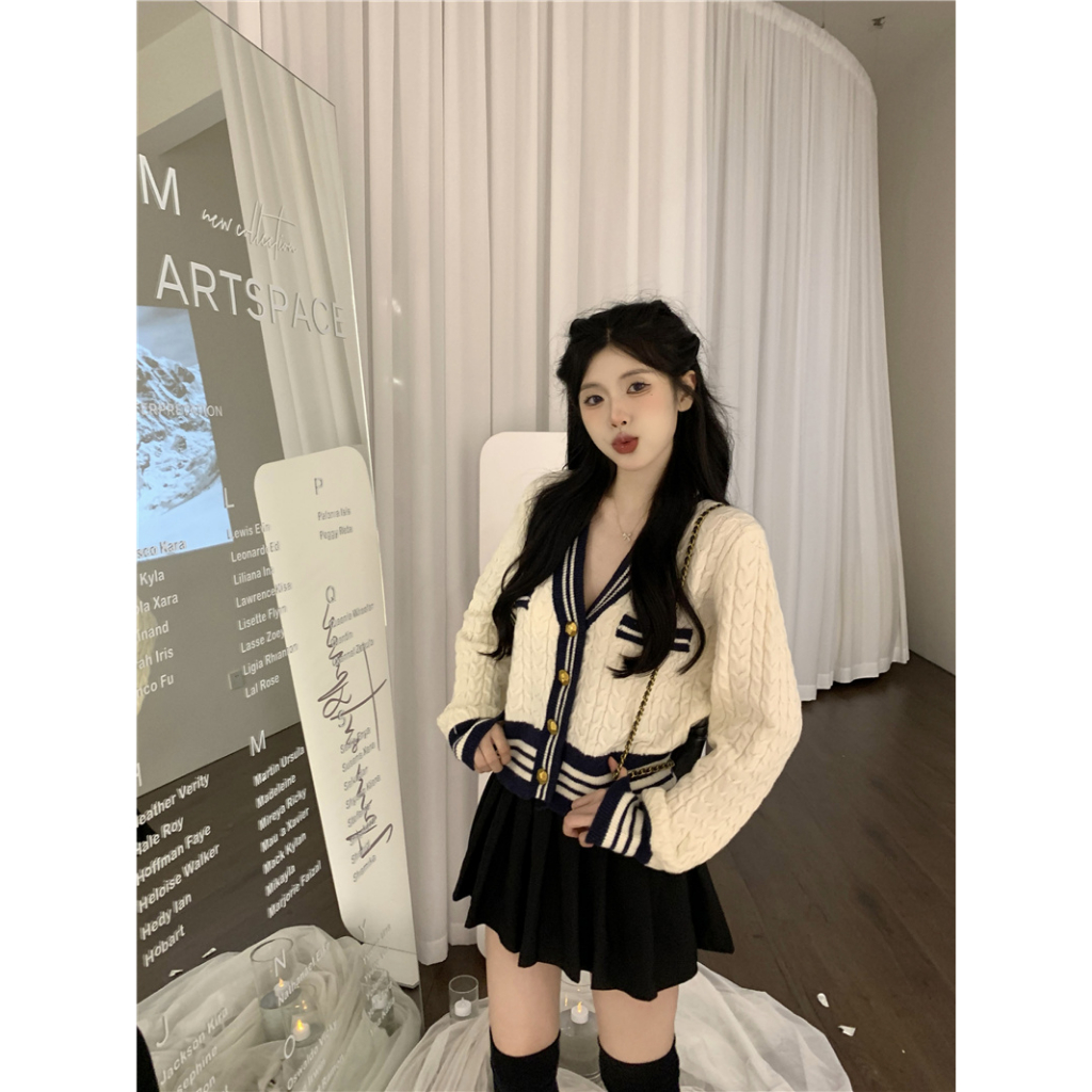 Áo croptop cardigan nữ XIAOZHAINV dệt kim cổ chữ V màu sắc tương phản khí chất dễ phối đồ phong cách Hàn Quốc