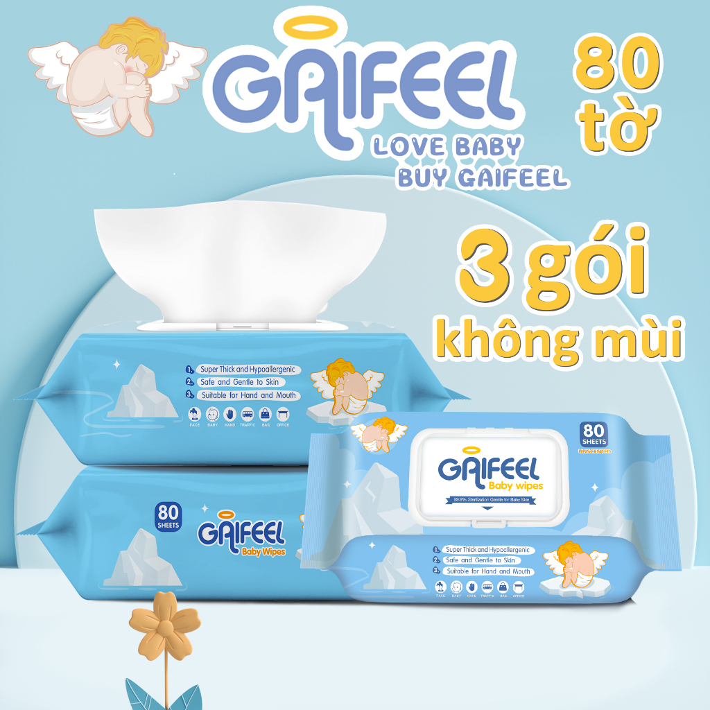 Khăn ướt GAIFEEL khăn giấy ướt Bộ 3 gói khăn ướt không mùi không cồn không parabens cao cấp dành cho em bé