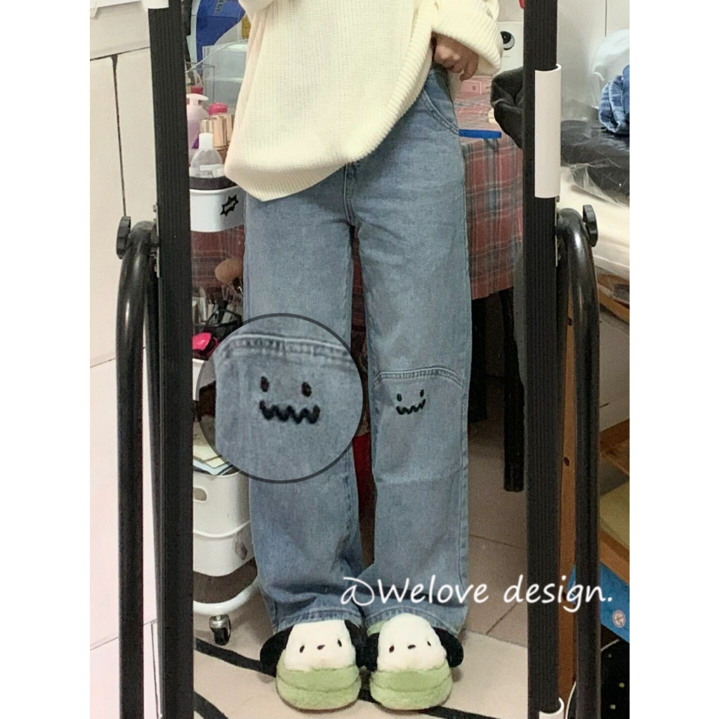 QOEDDV Phiên bản hàn quốc của thời trang phong cách mới dành cho nữ high-waisted loose straight wide-leg jeans