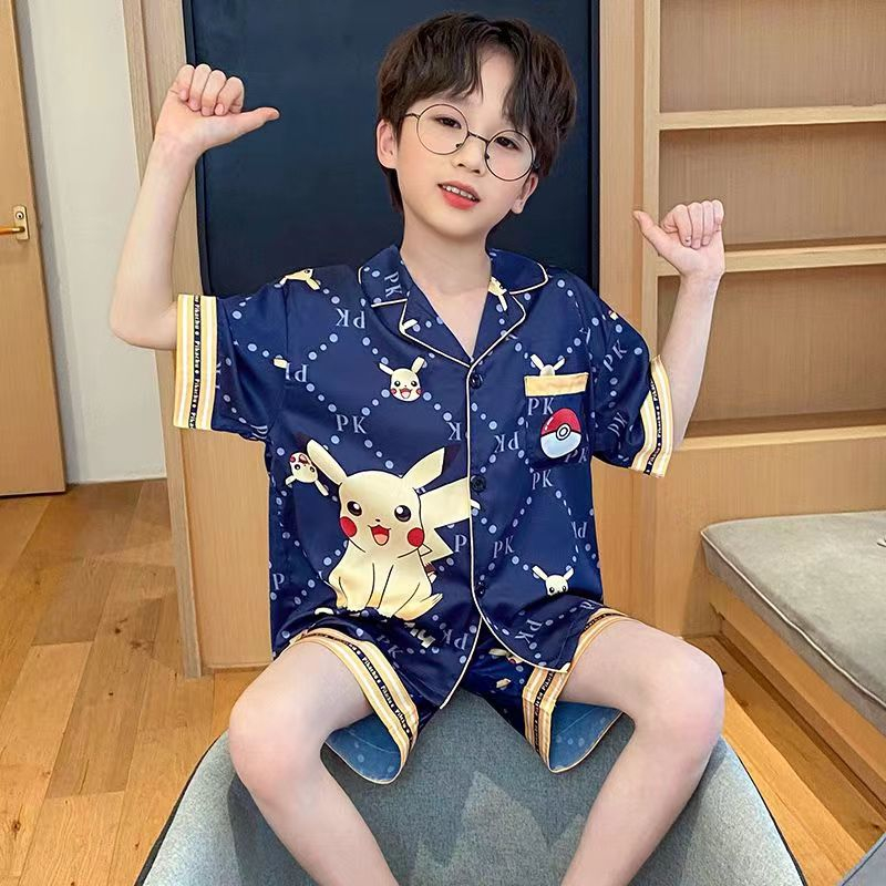 Bộ Đồ Ngủ Ngắn Tay Bằng Lụa Mát In Hoạt Hình Pikachu / Cậu Bé Bút Chì / Ultraman Thời Trang Mùa Hè Cho Bé Trai