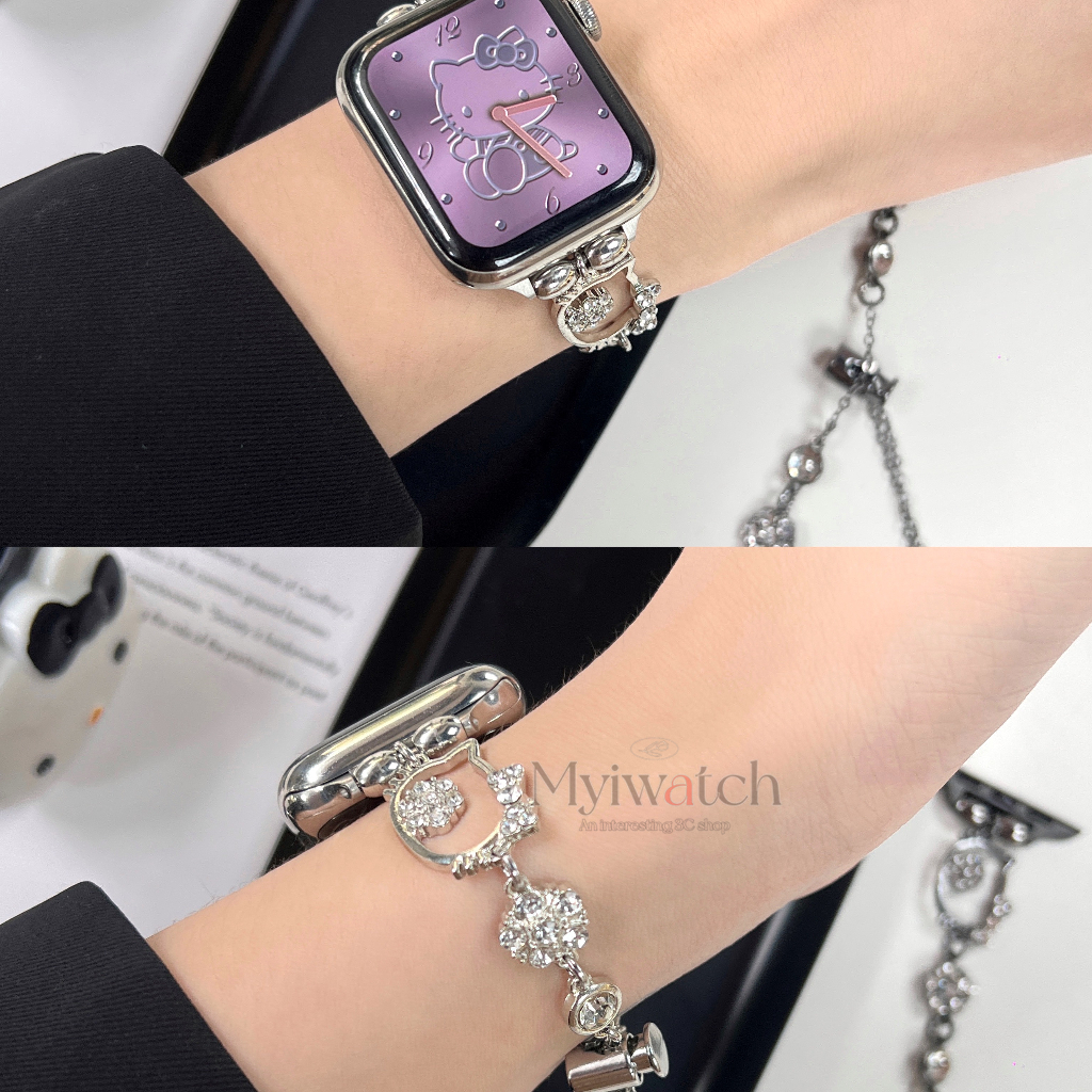 Dây đeo kim cương sang trọng kitty cho iwatch 49mm 45mm 44mm 41mm 40mm 38mm 42mm dây đeo dây chuyền có thể thu vào hoạt hình cho iwatch series 8 7 6 se 5 4 3 2 1