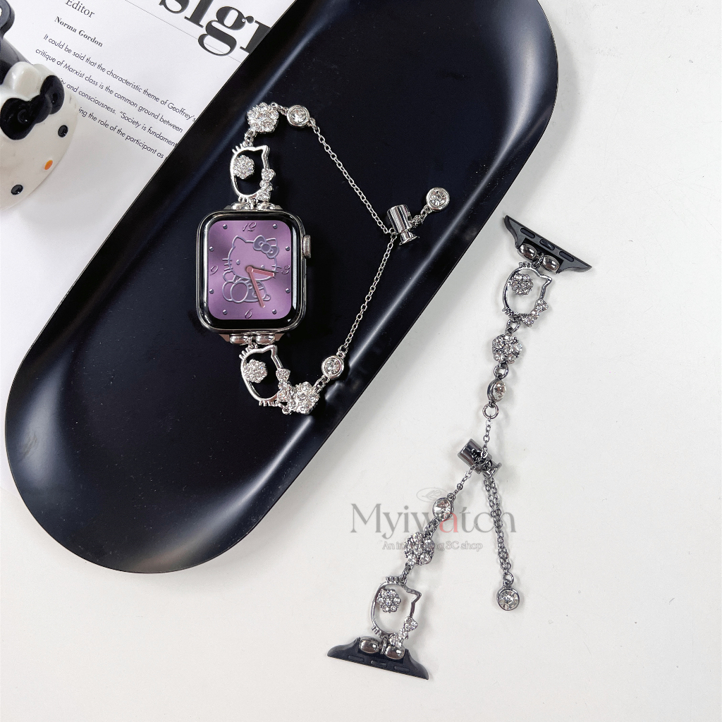 Dây đeo kim cương sang trọng kitty cho iwatch 49mm 45mm 44mm 41mm 40mm 38mm 42mm dây đeo dây chuyền có thể thu vào hoạt hình cho iwatch series 8 7 6 se 5 4 3 2 1