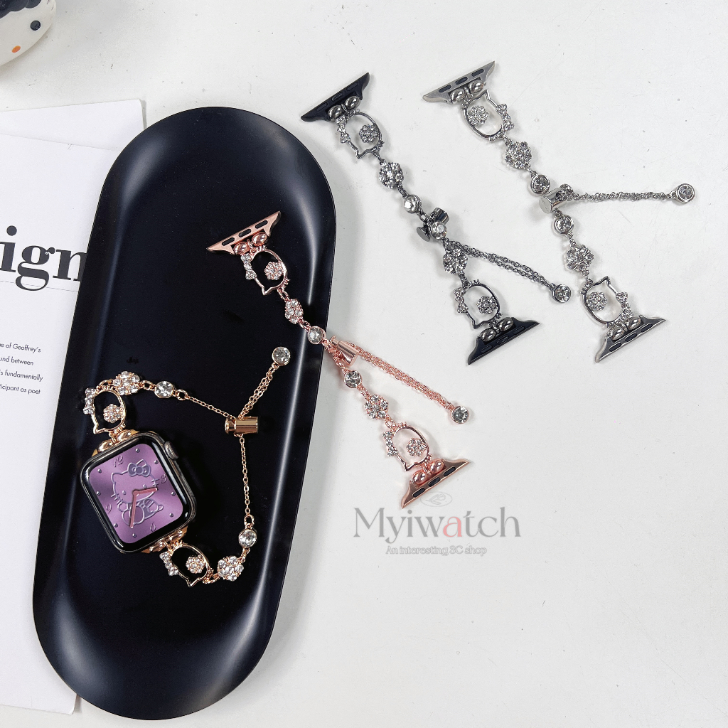Dây đeo kim cương sang trọng kitty cho iwatch 49mm 45mm 44mm 41mm 40mm 38mm 42mm dây đeo dây chuyền có thể thu vào hoạt hình cho iwatch series 8 7 6 se 5 4 3 2 1