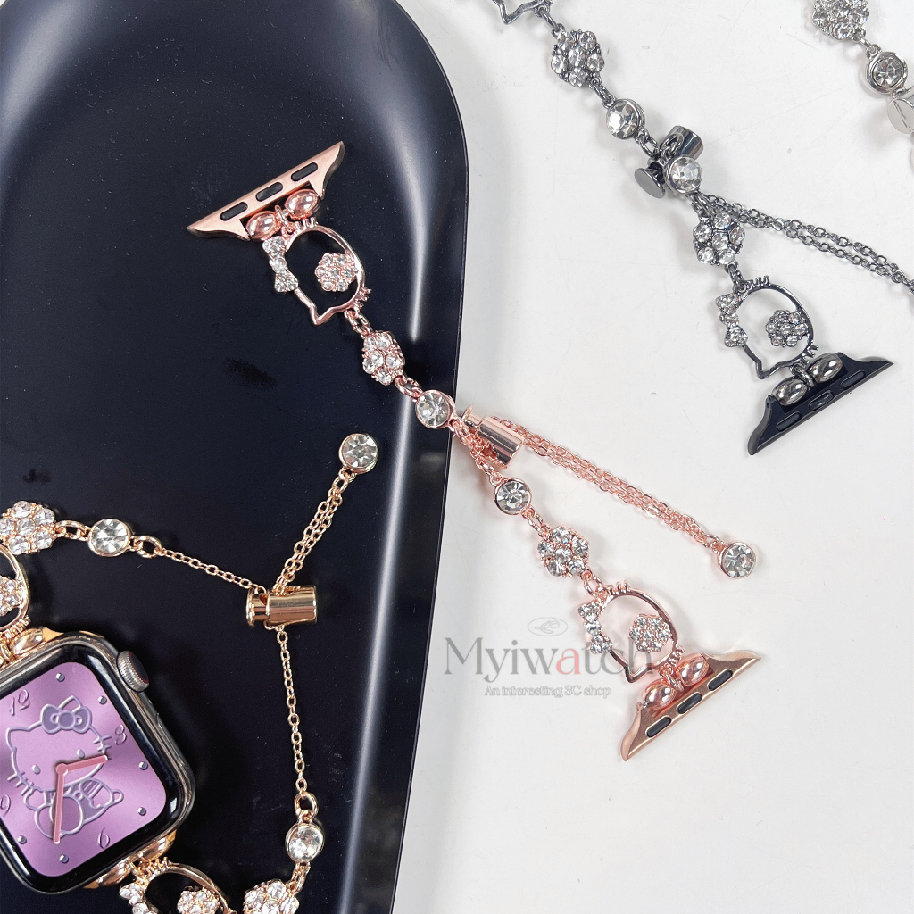 Dây đeo kim cương sang trọng kitty cho iwatch 49mm 45mm 44mm 41mm 40mm 38mm 42mm dây đeo dây chuyền có thể thu vào hoạt hình cho iwatch series 8 7 6 se 5 4 3 2 1
