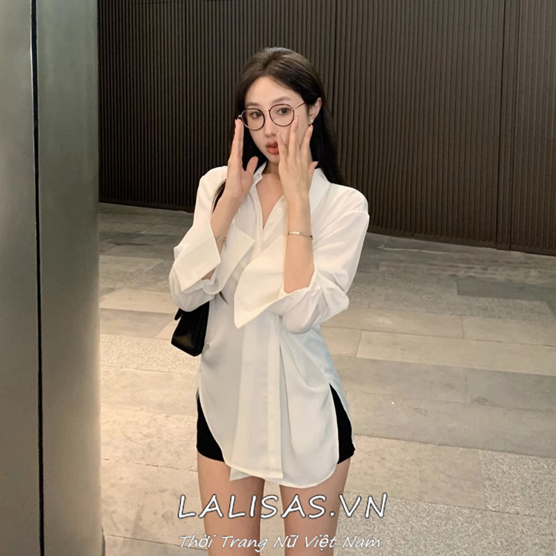 Lalisas hàn quốc spice girl design sense polo collar áo sơ mi trắng phụ nữ giản dị sang trọng dài tay áo
