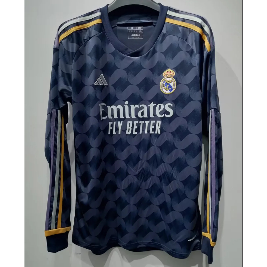 2023 real madrid sân khách áo bóng đá dài tay nam dành cho người lớn màu xanh
