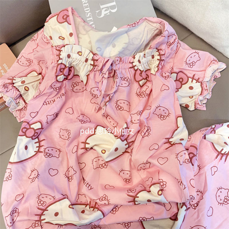 Bộ đồ ngủ FDS gồm quần short và áo ngắn tay phối ren họa tiết Hello Kitty ngọt ngào thời trang mùa hè dành cho nữ
