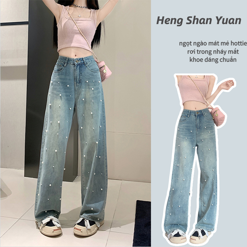 Quần jean nữ thẳng ngọc trai phiên bản hàn quốc thiết kế mới quần ống rộng cạp cao nữ cạp cao