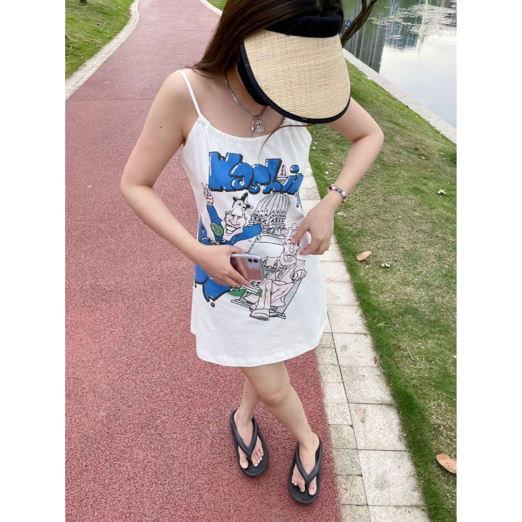 Blackpink jennie retro sexy skateboarding girl graffiti print strap a line dress
