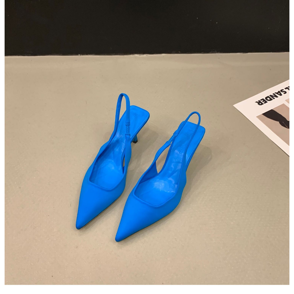 Xăng Đan Cao Gót Mũi Nhọn Vải satin Màu Đen Thời Trang Xuân Hè 2023 Cao Cấp